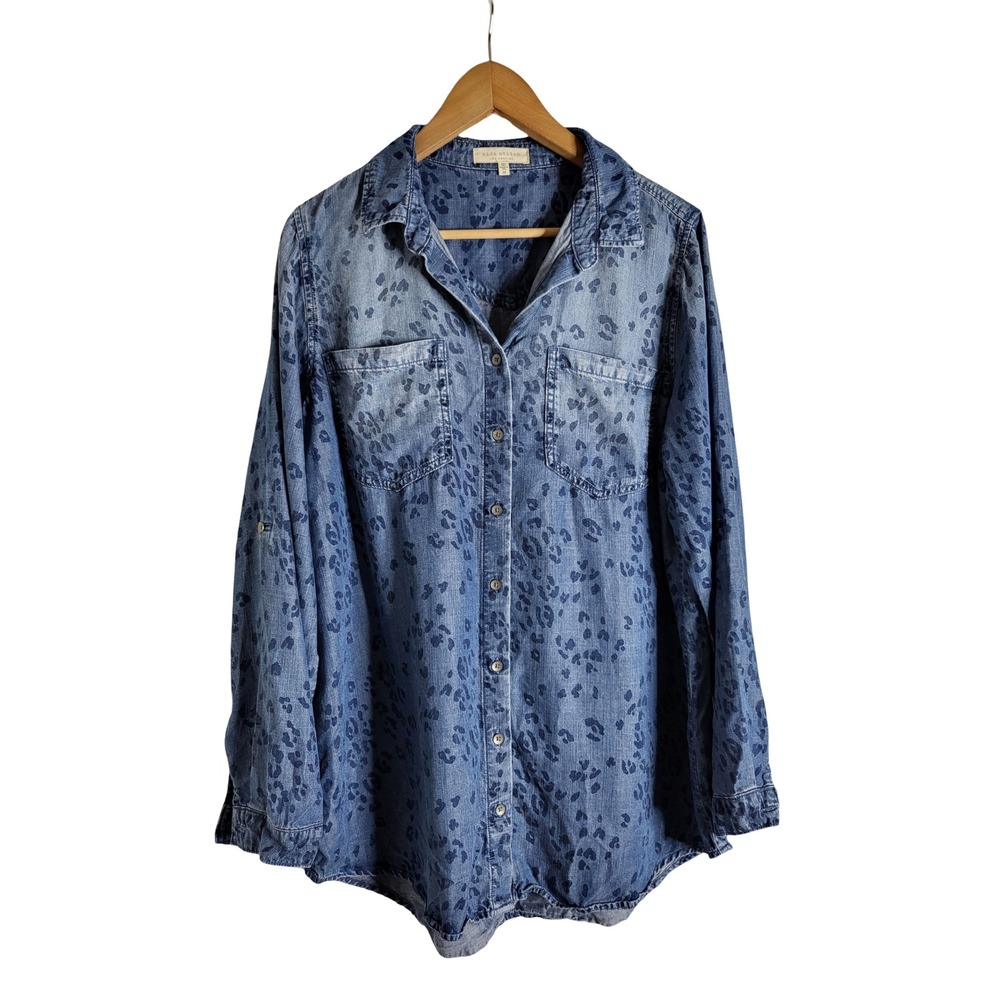 Side Stitch Blue Leopard Lyocell Denim Button Down Shirt M Western Boho